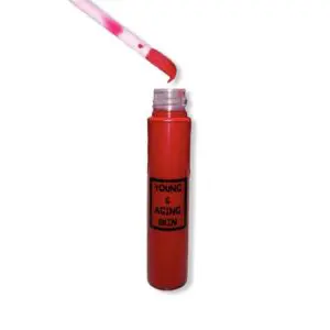 A red lip gloss with an applicator