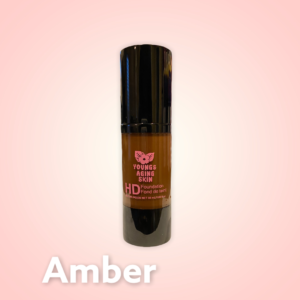 A container of a liquid foundation in Amber shade