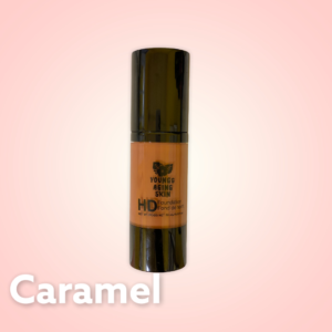 A container of a liquid foundation in Caramel shade