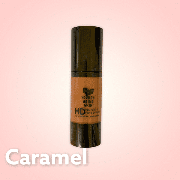 A container of a liquid foundation in Caramel shade