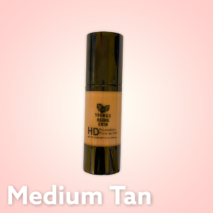 A container of a liquid foundation in a Medium Tan shade