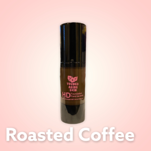 A container of a liquid foundation in a Roasted Coffee shade