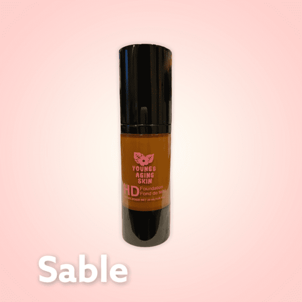 A container of a liquid foundation in Sable shade