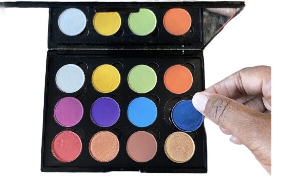 An eyeshadow palette with twelve different colors