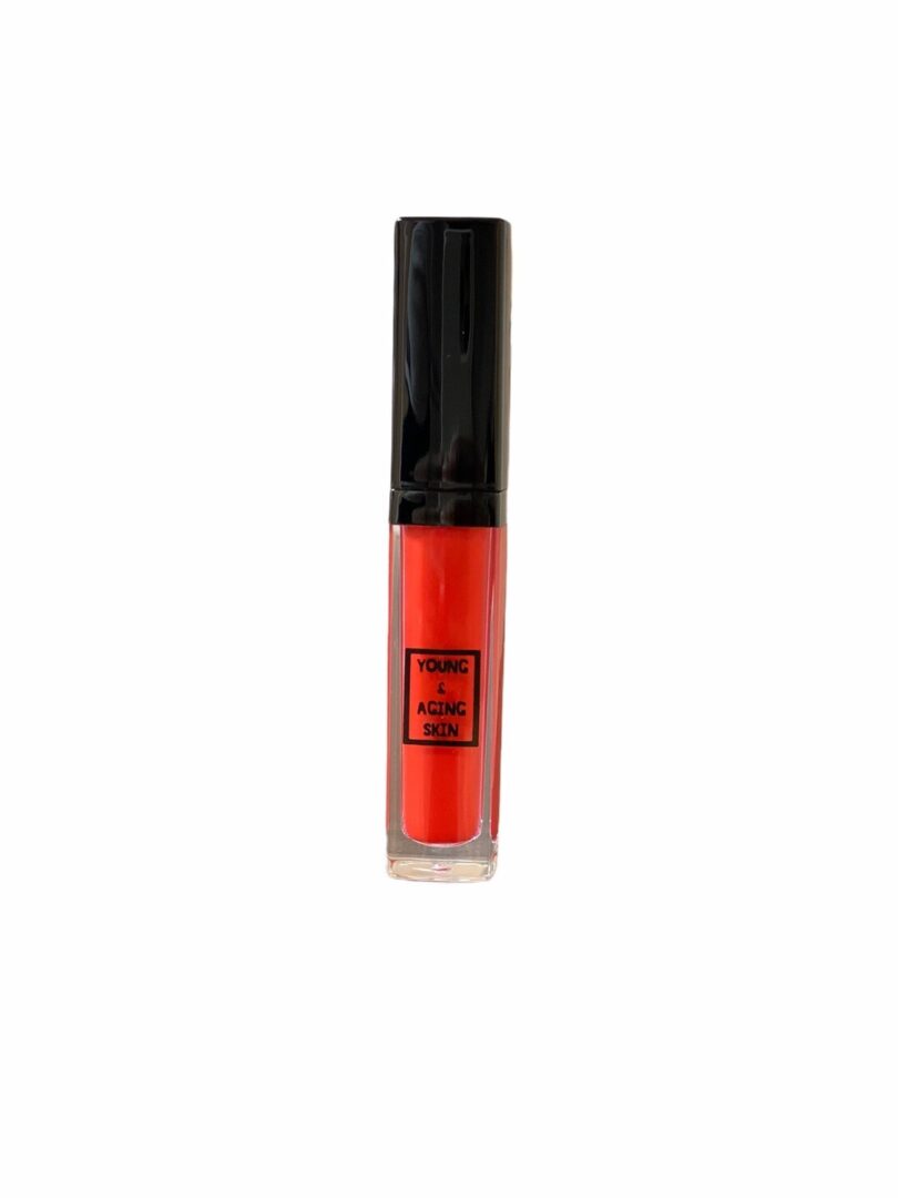 A liquid lipstick with a red-orange shade