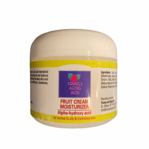 A container of a fruit cream moisturizer