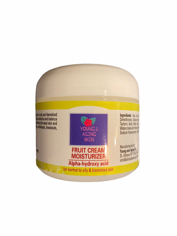 A container of a fruit cream moisturizer